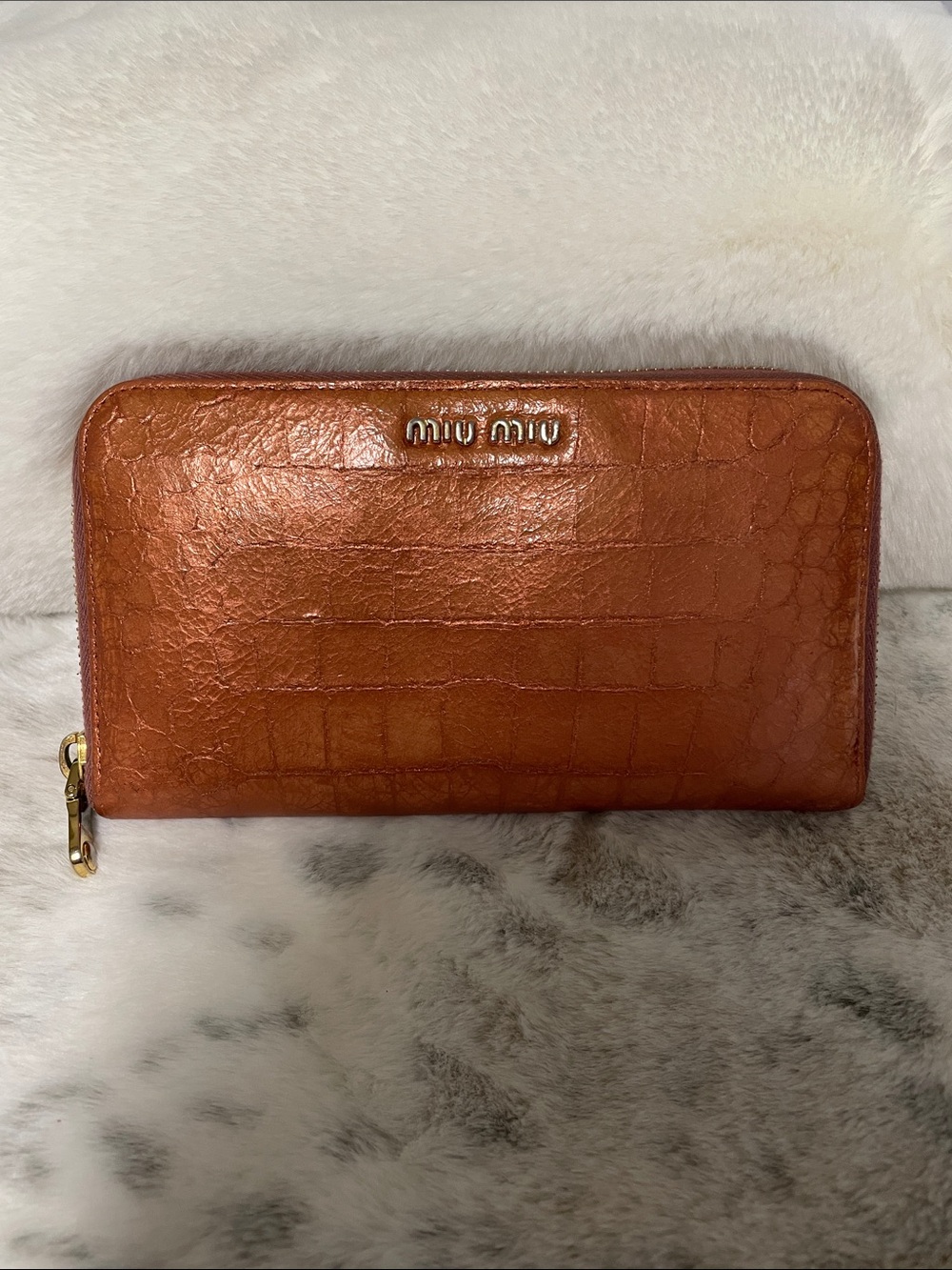 Miu Miu custom painted Cognac Croc-Embossed Zip-Around Wallet with Gold Hardware